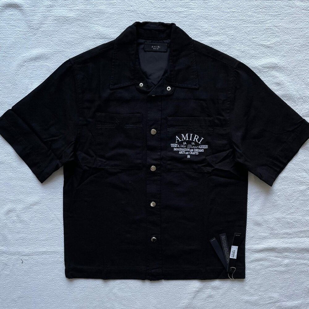 AMIRI Black Denim Short Sleeve Jacket / Shirt Logo Print Button Front Medium